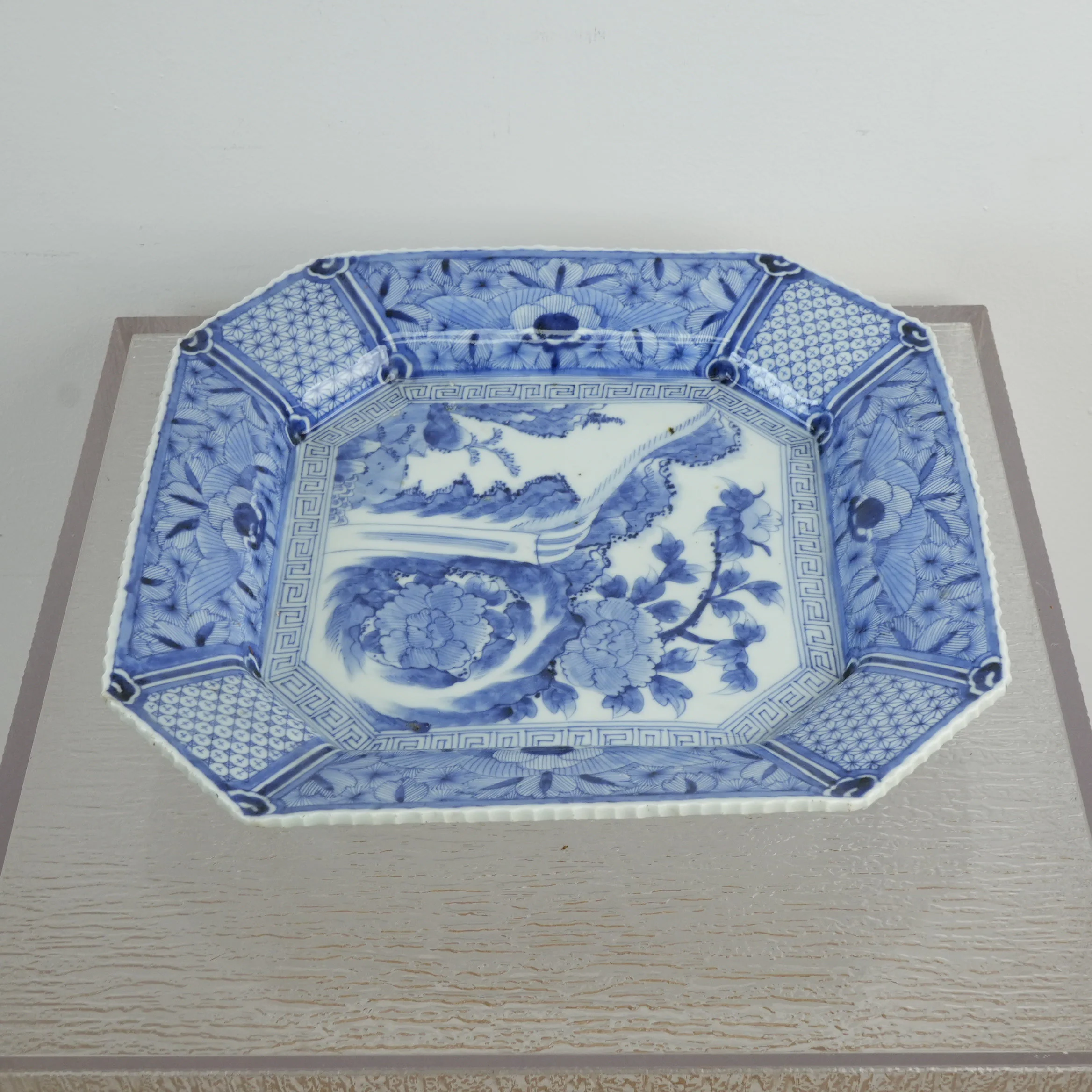 14-inch Antique Japanese Porcelain Blue and White Octagonal Plate