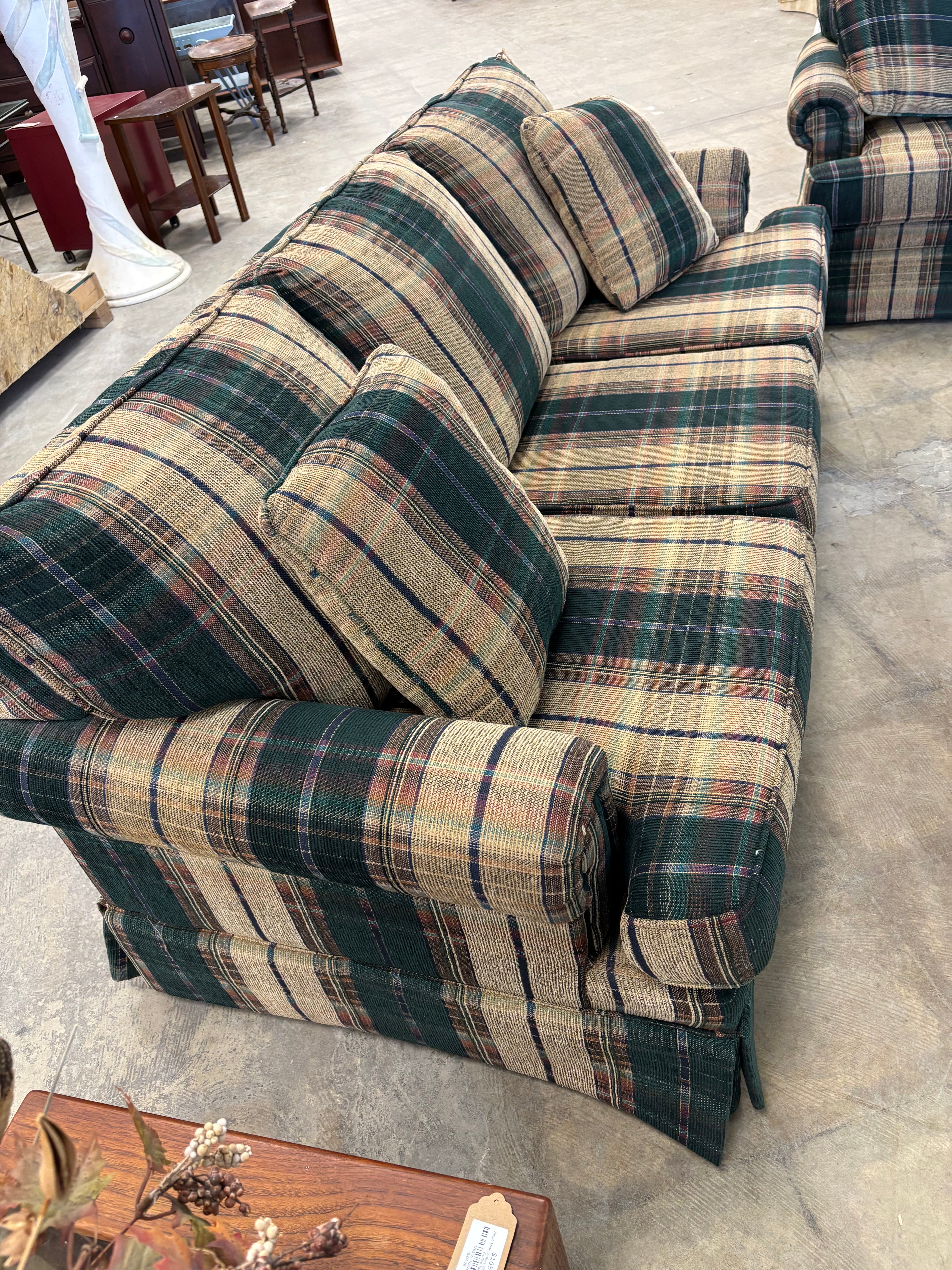 Classic Green and Tan Plaid Upholstered 3-Seater Sofa - Image 2