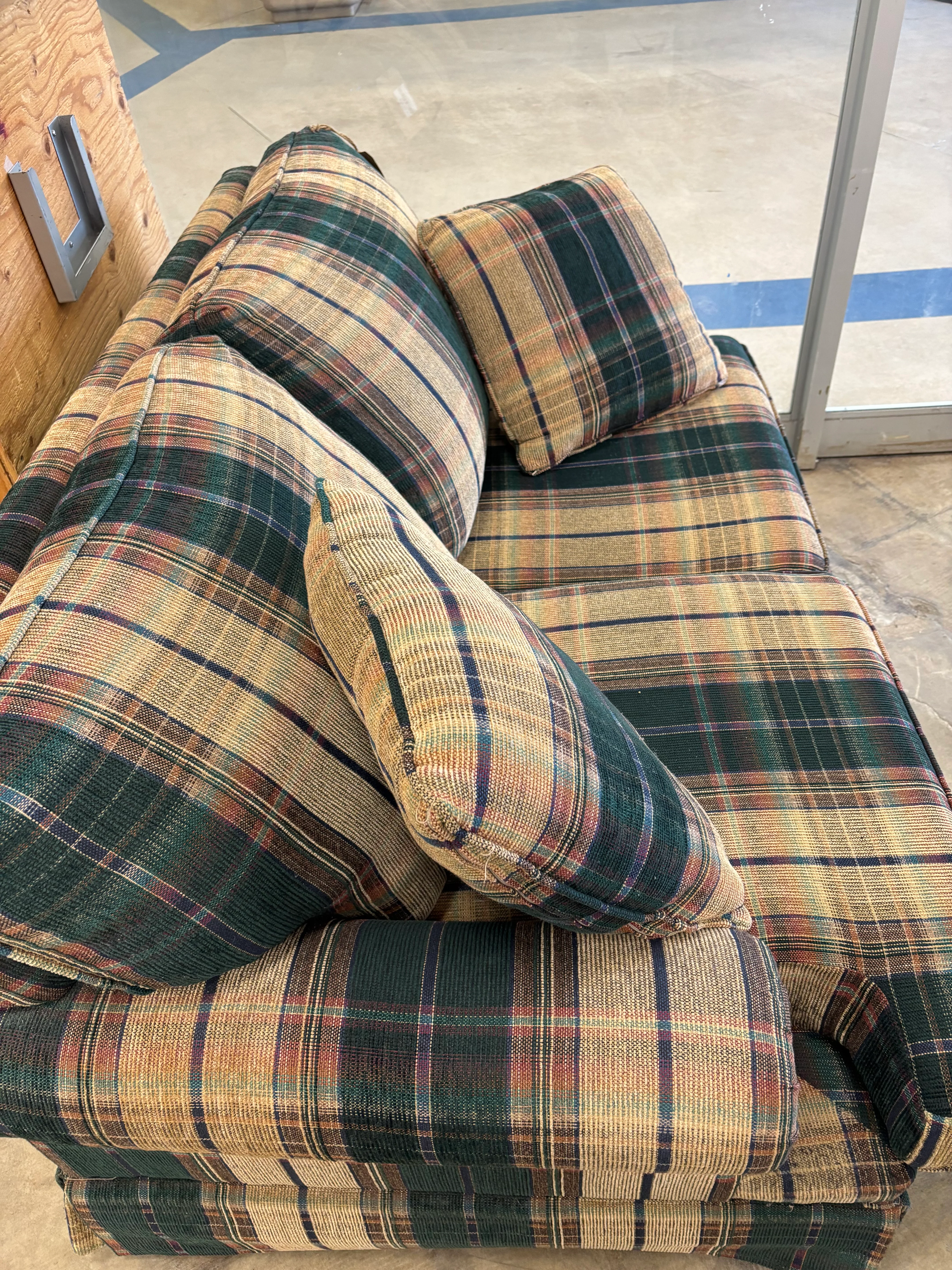 Classic Green and Tan Plaid Upholstered Loveseat Sofa - Image 2