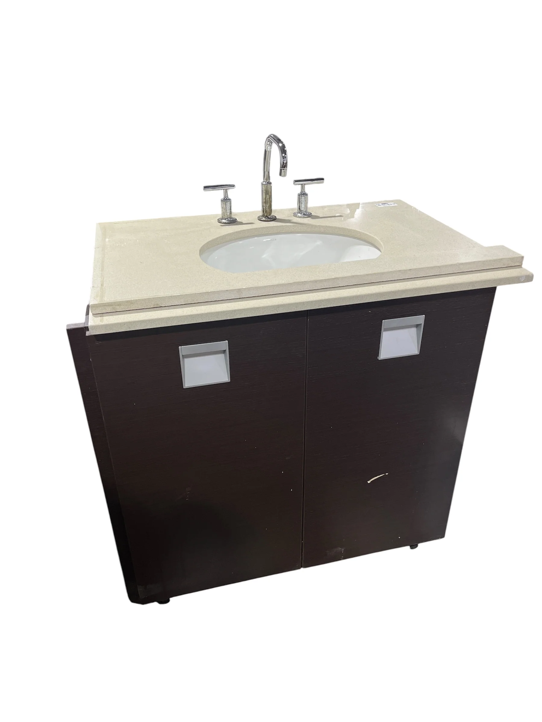 Dark Wood Bathroom Vanity w/ Quartz Style Sink & Kohler Sink - Image 3