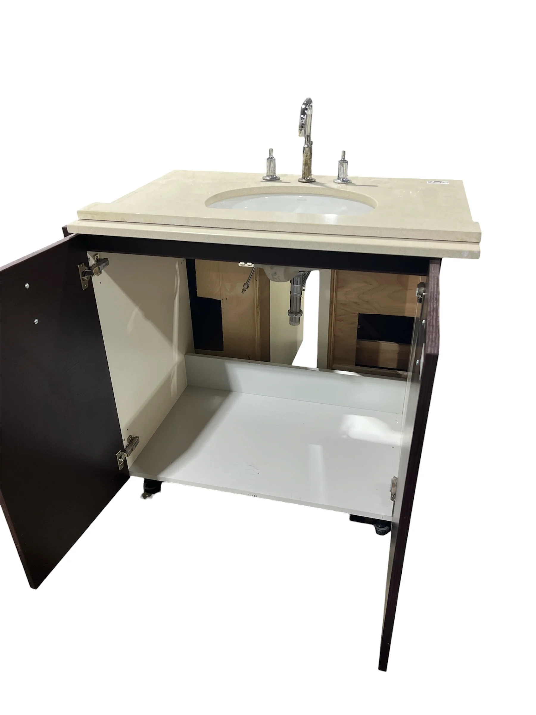 Dark Wood Bathroom Vanity w/ Quartz Style Sink & Kohler Sink - Image 4