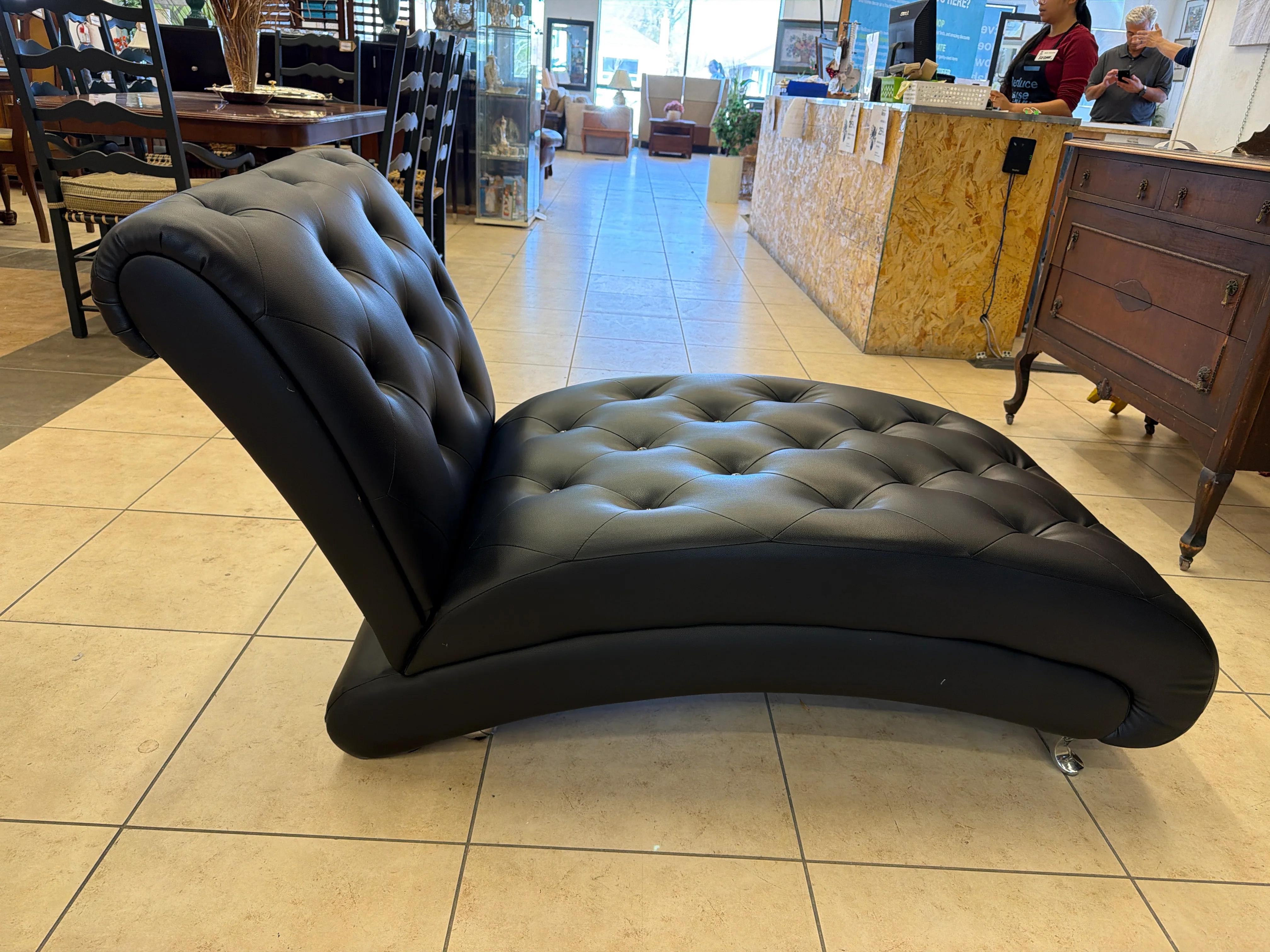 Onyx Black Pleather Lounger with Tufted Crystal Buttons