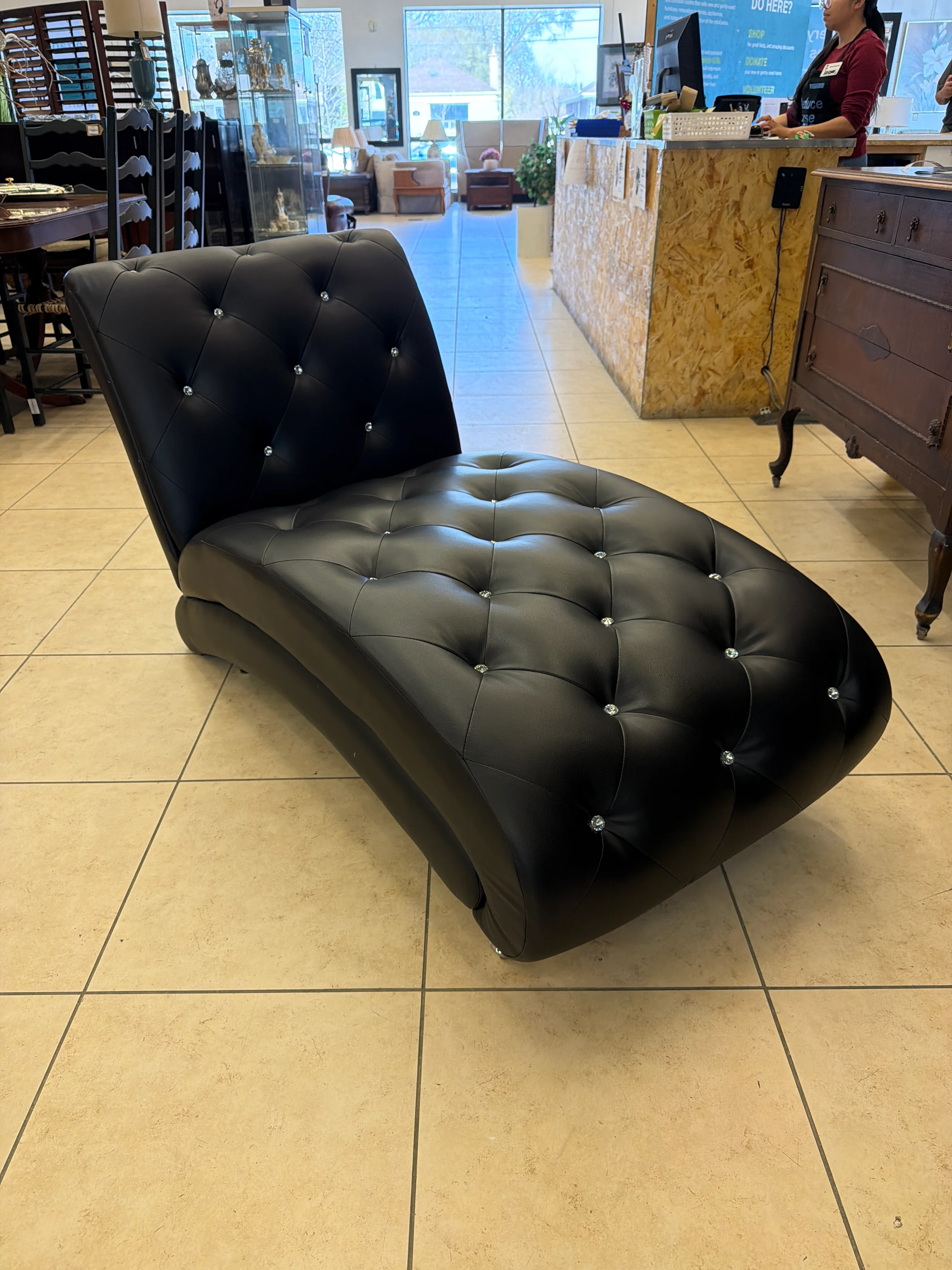 Onyx Black Pleather Lounger with Tufted Crystal Buttons - Image 2