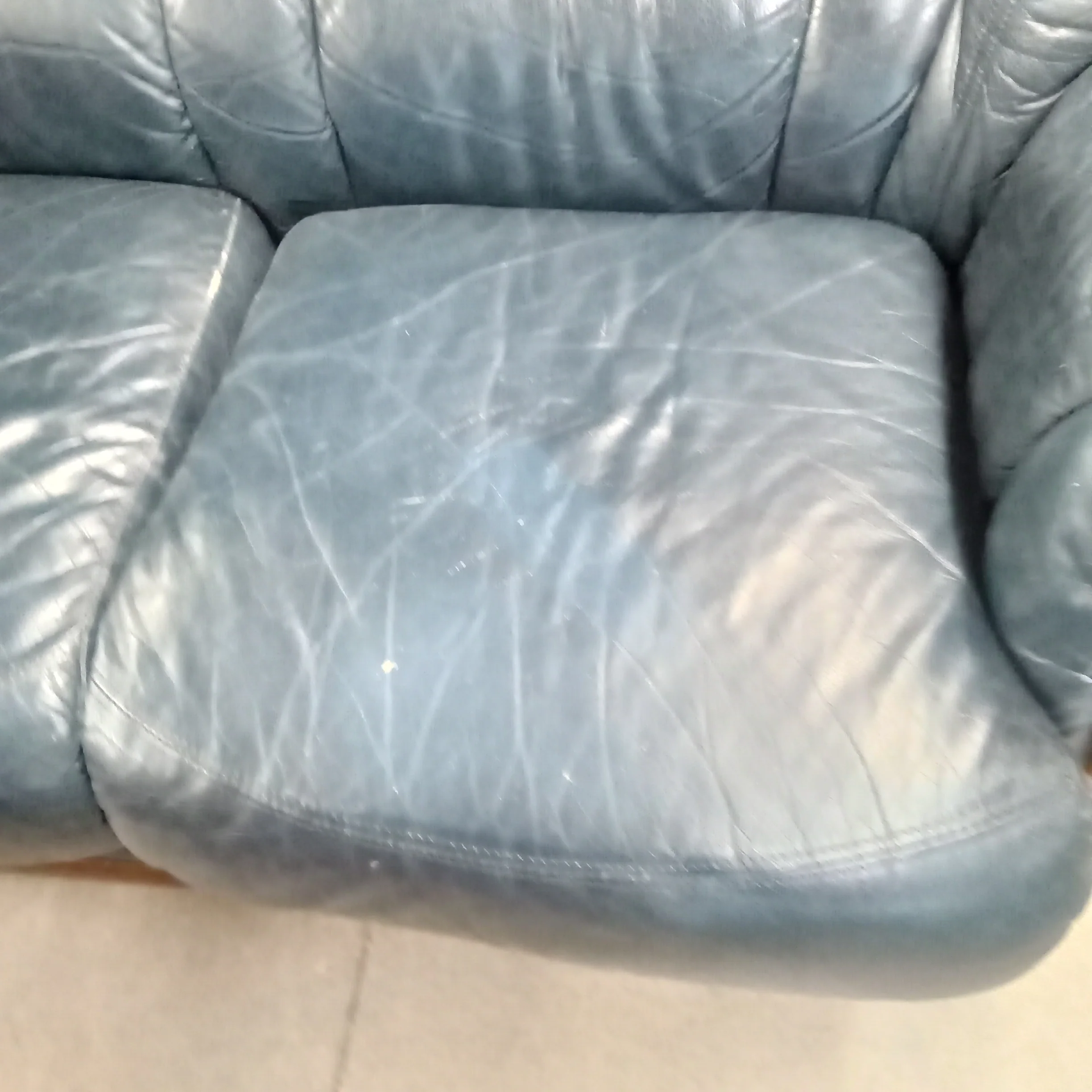 Navy Blue Leather Love Seat Sofa W/Curved Wood Trim #FC5 - Image 3