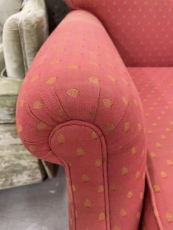 Padded Fabric Armchair in Coral With Gold Accents - Image 3