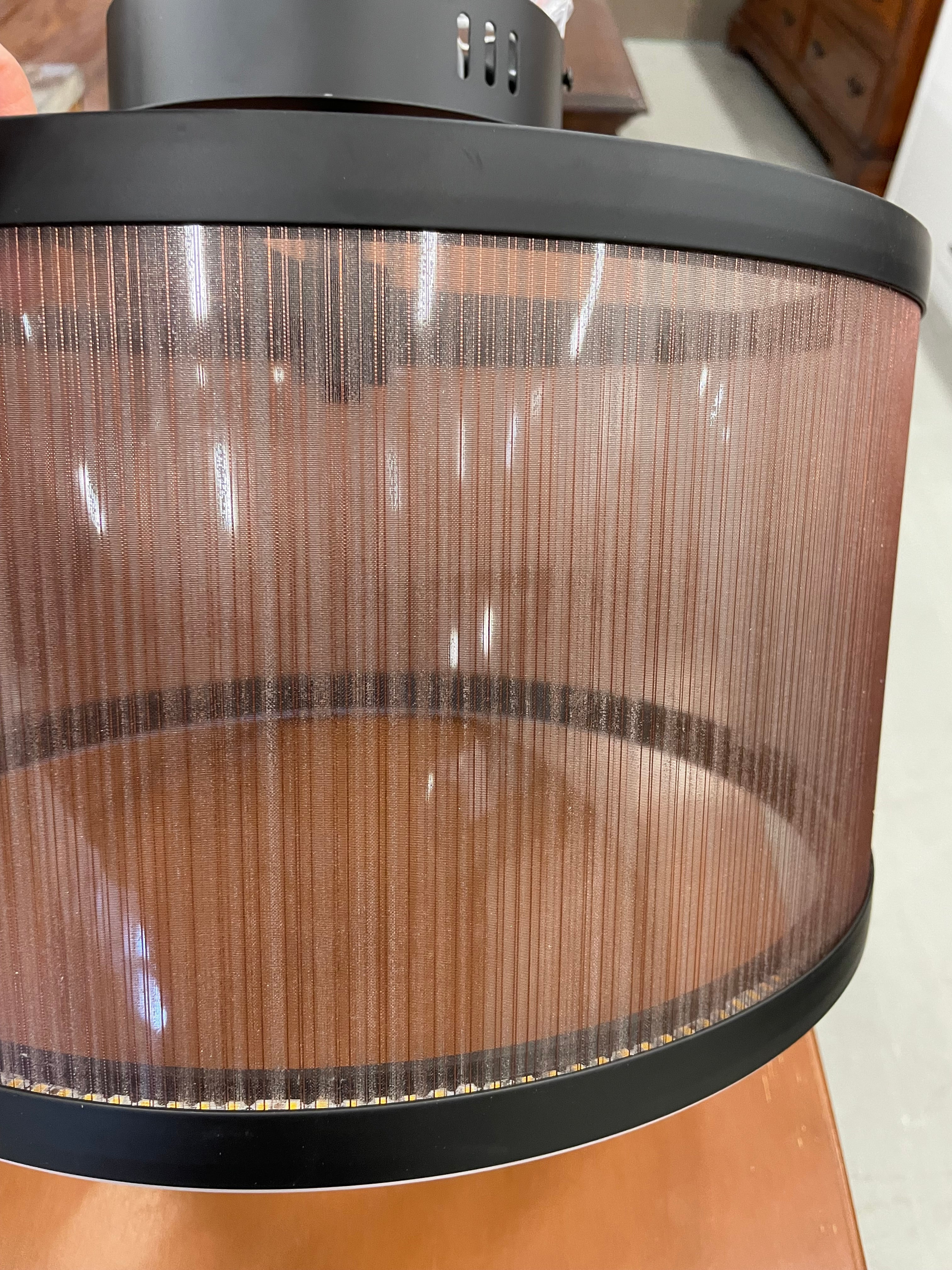 Round Black Metal Frame LED with Fine Brown Pinstripe Shade - Image 2