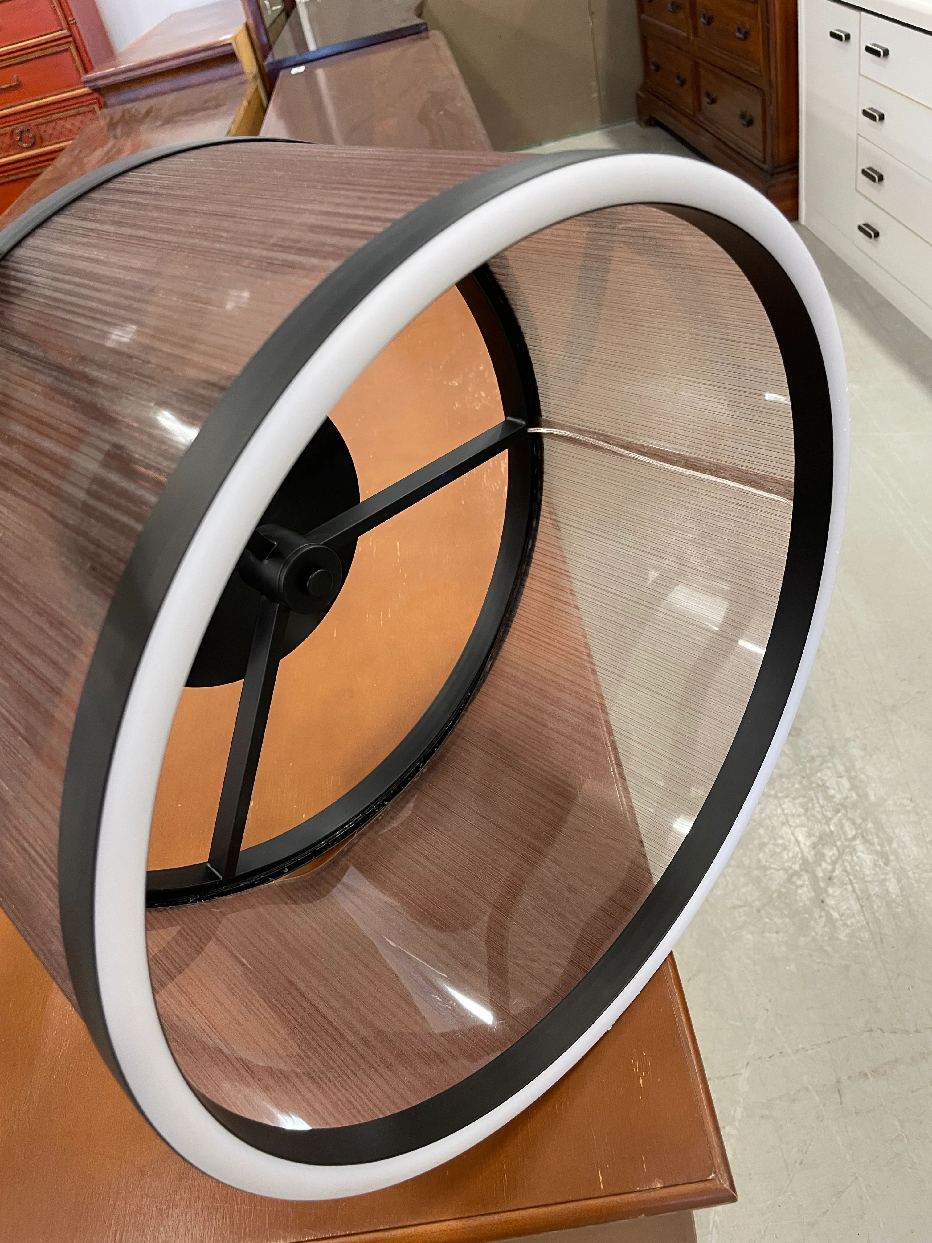 Round Black Metal Frame LED with Fine Brown Pinstripe Shade - Image 3