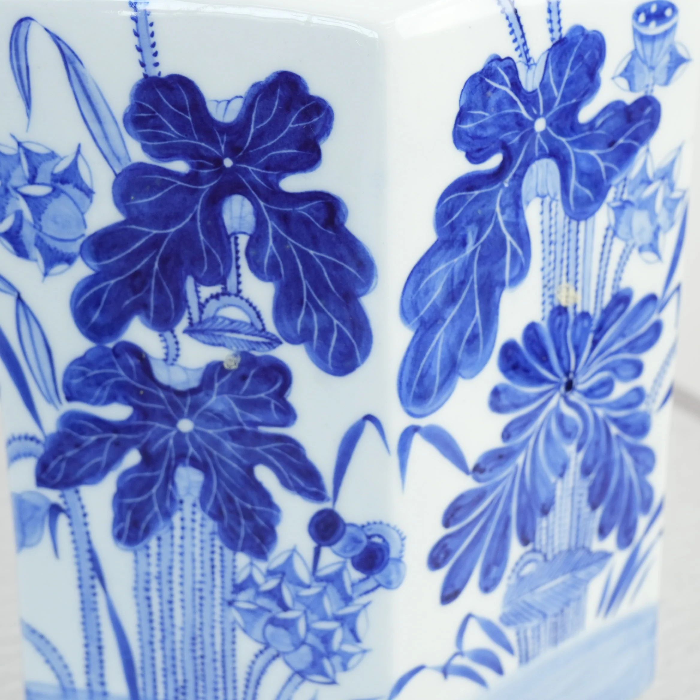 Vintage Blue and White Porcelain Octagonal Teapot w/ Brass Handle - Image 2