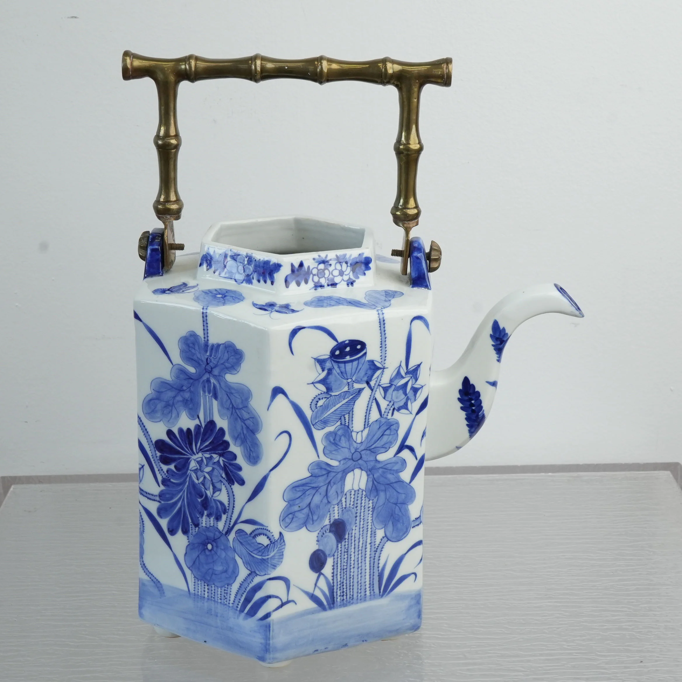 Vintage Blue and White Porcelain Octagonal Teapot w/ Brass Handle - Image 3