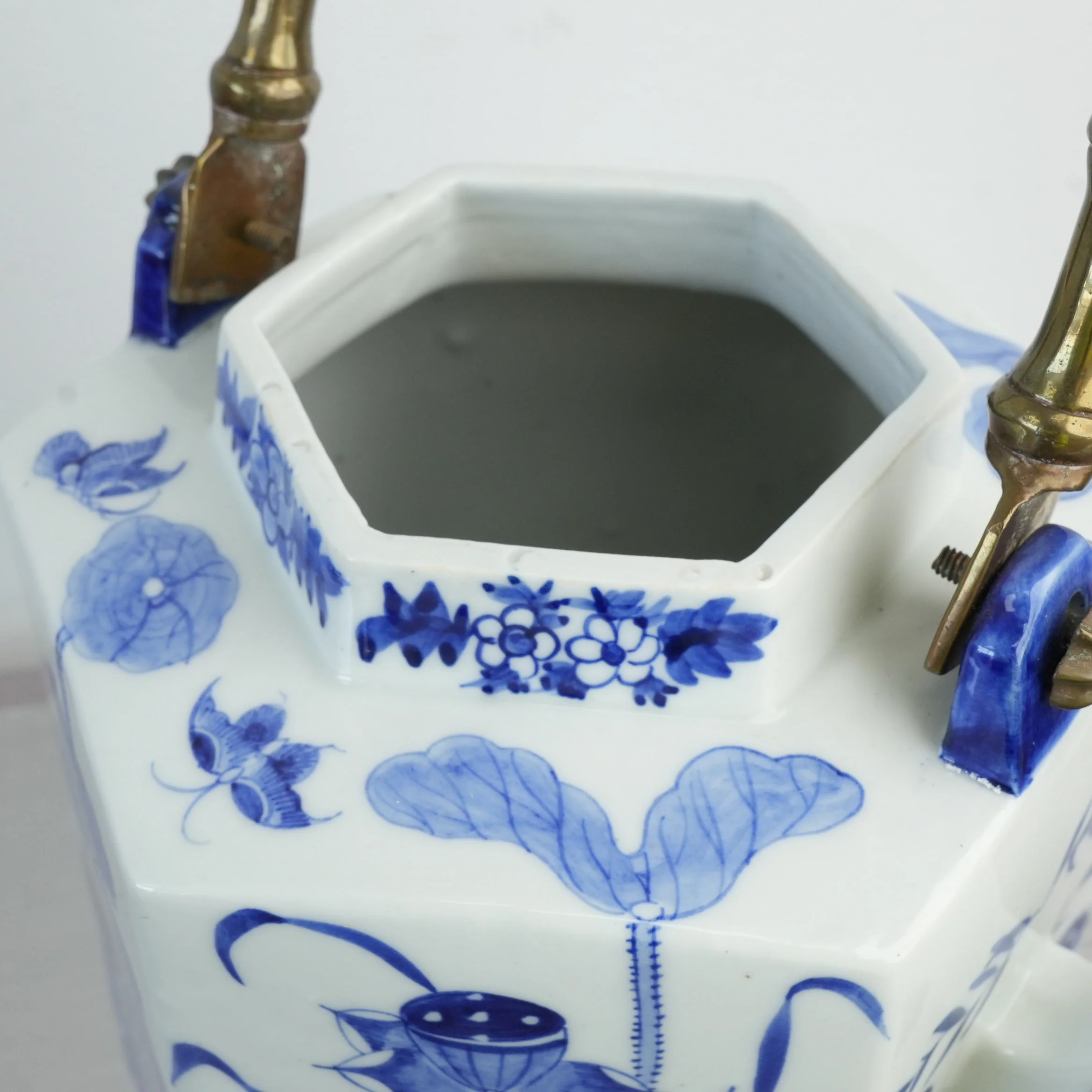 Vintage Blue and White Porcelain Octagonal Teapot w/ Brass Handle - Image 5