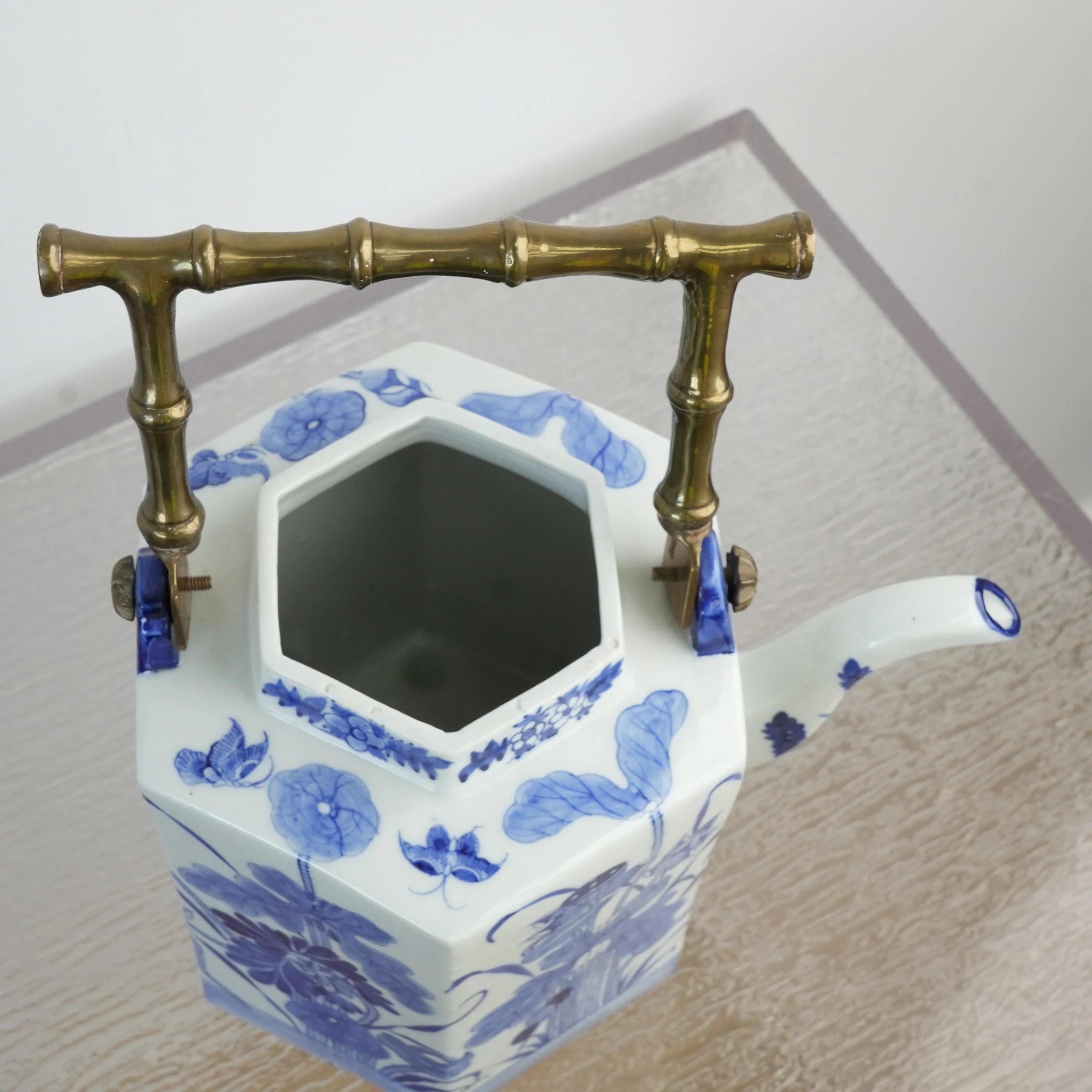 Vintage Blue and White Porcelain Octagonal Teapot w/ Brass Handle - Image 6