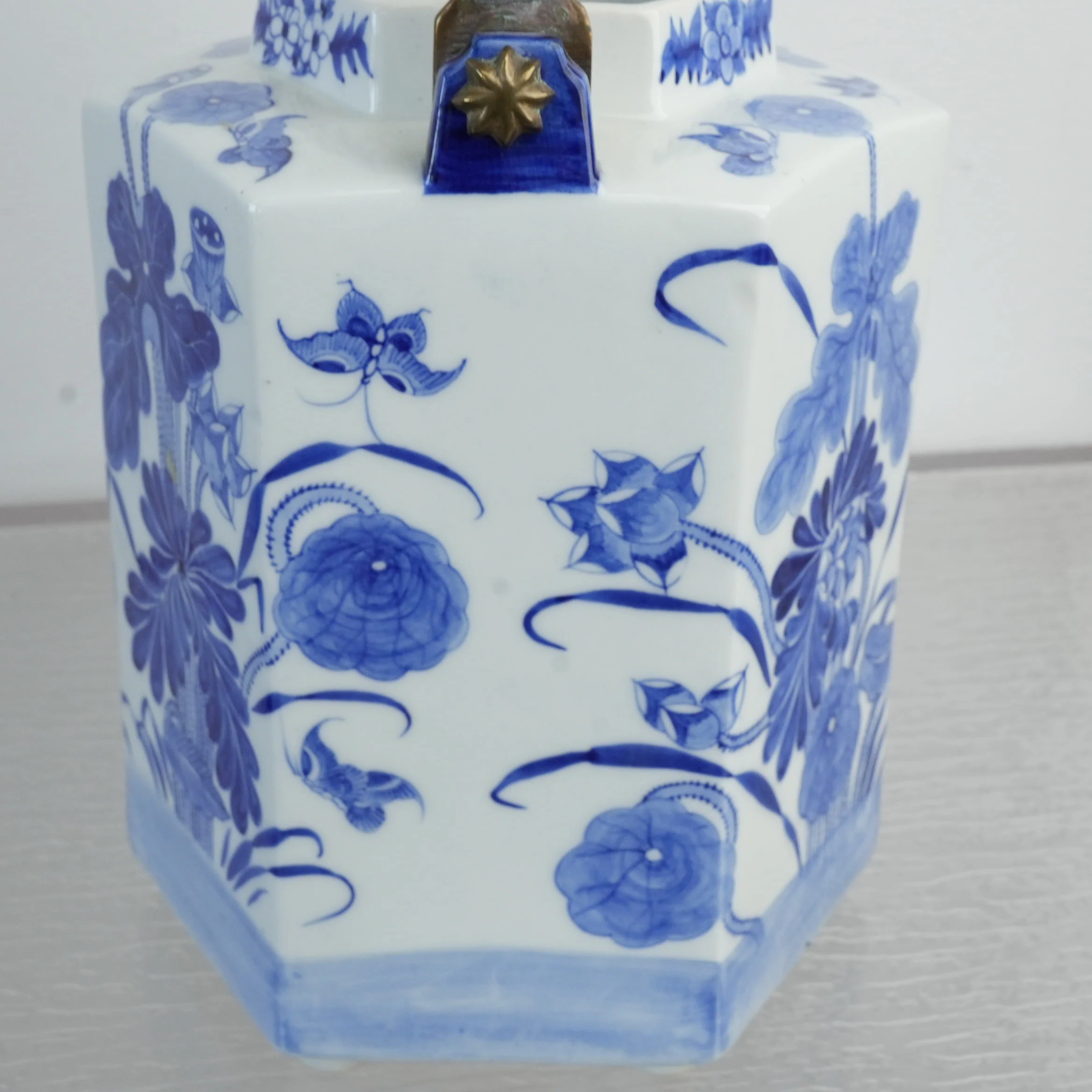 Vintage Blue and White Porcelain Octagonal Teapot w/ Brass Handle - Image 8